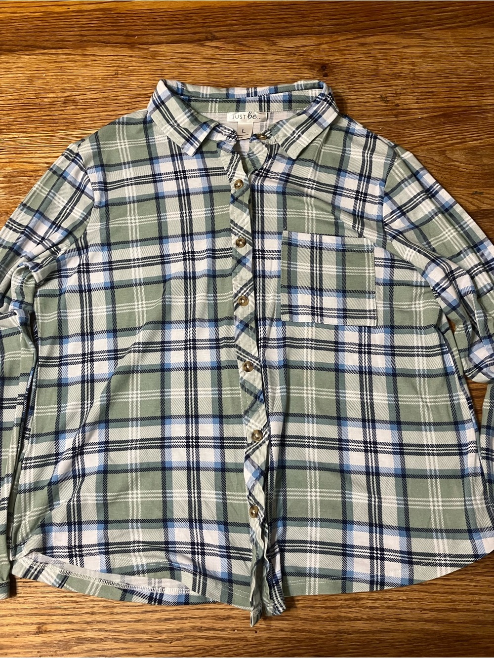 just be Light Green and Blue Plaid Button-Down Shirt